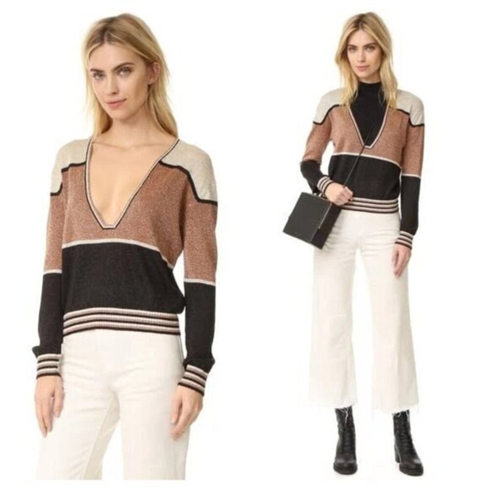 Free People Striped V-Neck Sweater in Brown, Black & Cream